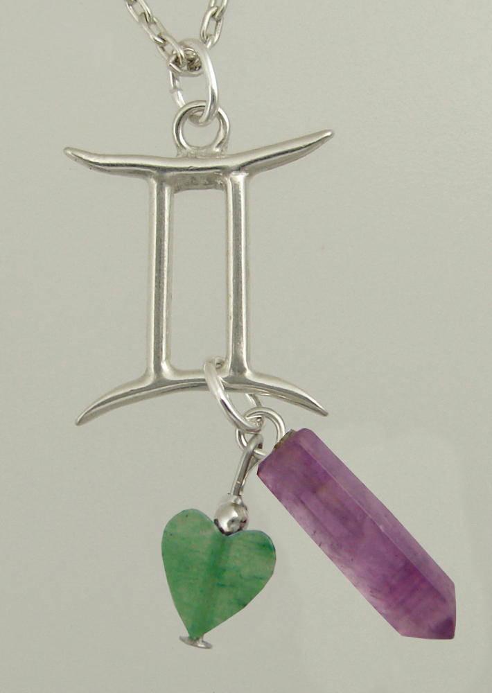 Sterling Silver Gemini Pendant Necklace With an Amethyst Crystal And Green Heart